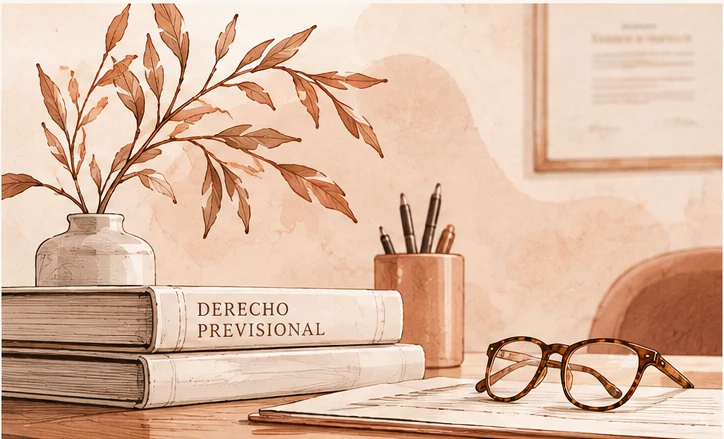 Ilustración cálida de escritorio, libros y anteojos